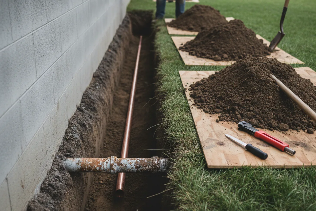 Excavated water line trench during Sewer Line Repair in Iowa City